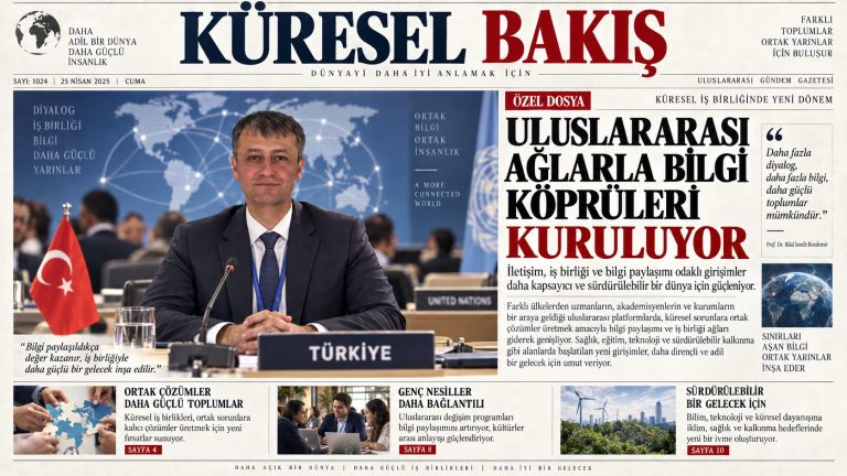 Uluslararası bilgi köprüleri konulu temsili gazete manşeti; fotoğraf kurgusaldır.