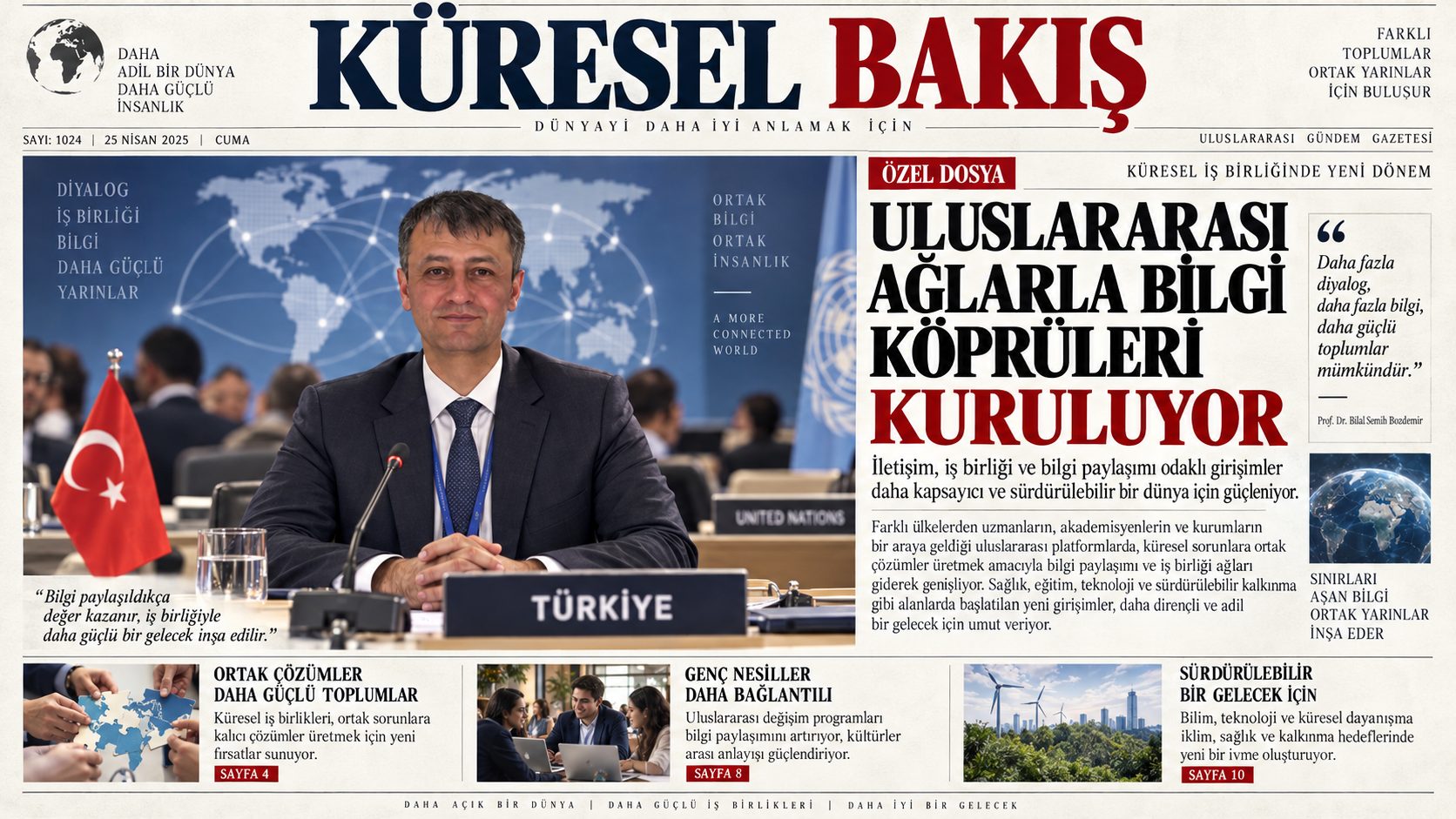 Uluslararası bilgi köprüleri konulu temsili gazete manşeti; fotoğraf kurgusaldır.